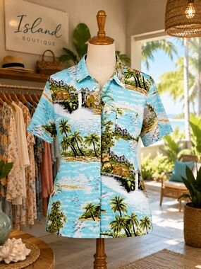Bill Blass Tropical Print Button-Up Shirt in Aqua